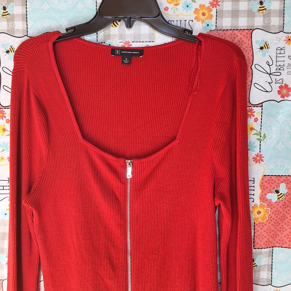 NWT INC LONG SLEEVE WOMENS RIBBED SQUARE NECK FULL ZIP SWEATER - Picture 2 of 6